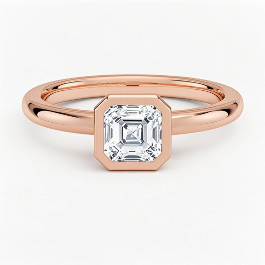 10K Rose Gold 0.5 to 3 CT Asscher Cut Lab Created Diamond Bezel Solitaire Engagement Band D VVS-VS IGI Certified
