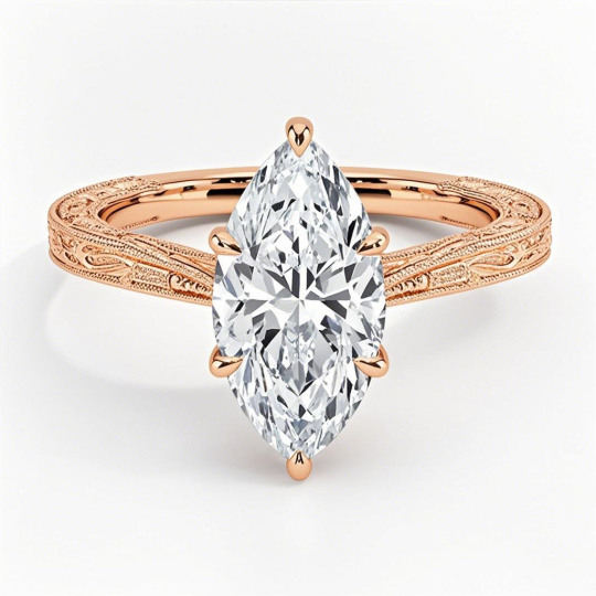10K Rose Gold 0.5 to 3 CT Marquise Cut Lab Created Diamond Engraved Engagement Band