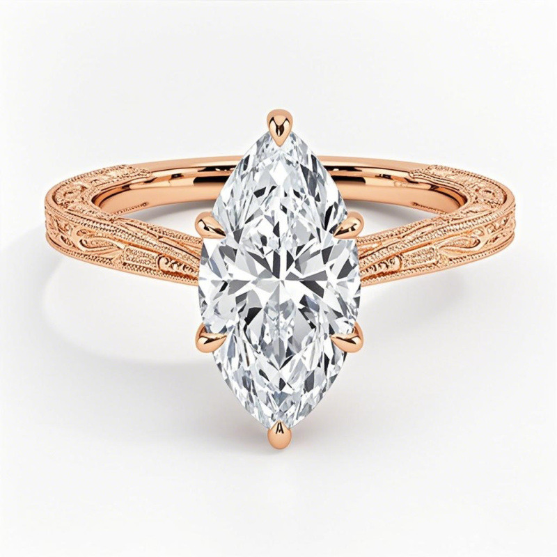 Bague de fiançailles en or rose 10 carats, sertie de diamants de laboratoire taille marquise de 0,5 à 3 carats et gravée.-3