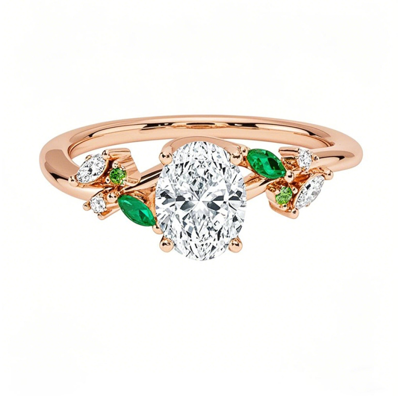 Bague de fiançailles Arden sur mesure en or rose 10 carats, sertie d'un diamant ovale de laboratoire de 0,5 à 3 carats et d'une émeraude de 0,1 carat. Certification IGI.-18