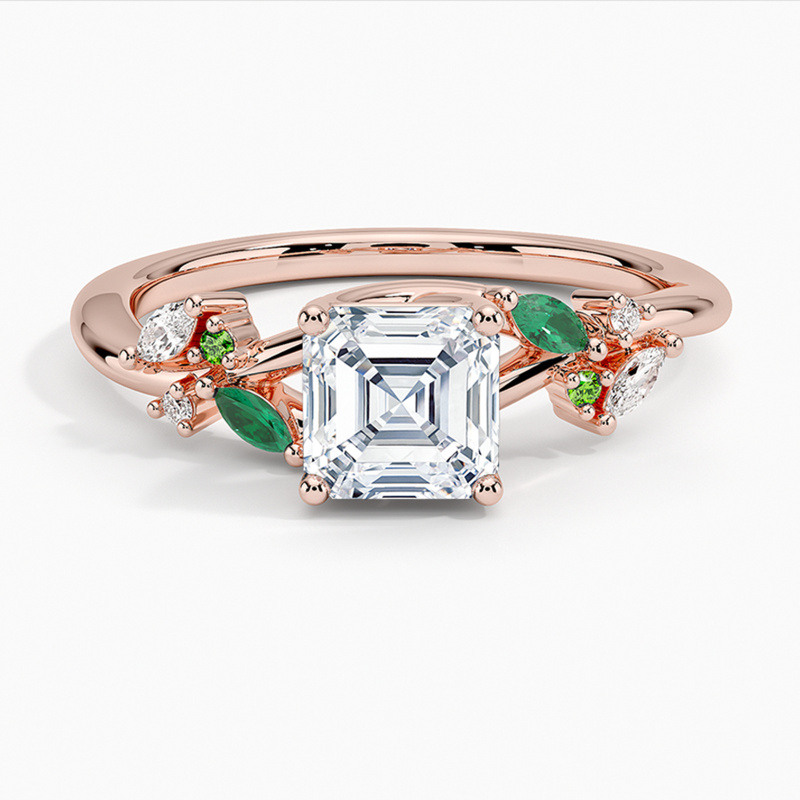 Individuell gestalteter Verlobungsring aus 18-karätigem Roségold mit Asscher-Schliff und im Labor gezüchtetem Diamanten, inspiriert von der Natur-1