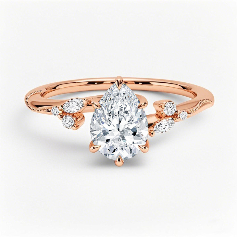 Verlobungsring aus 10-karätigem Roségold mit birnenförmigem, im Labor gezüchtetem Diamanten – individuell gestaltet und von der Natur inspiriert-8