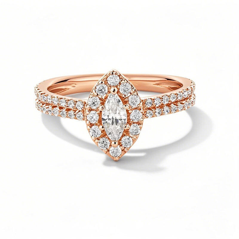 Anel de Noivado Personalizado com Halo em Ouro Rosa 14K e Diamante Sintético Lapidado em Marquise-1