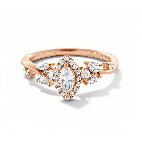 Anel de noivado em ouro rosa de 10 quilates com diamante sintético em forma de marquise, de 0,75 a 3,25 quilates (peso total), pureza D, VVS1-VS1, certificado IGI 3EX.