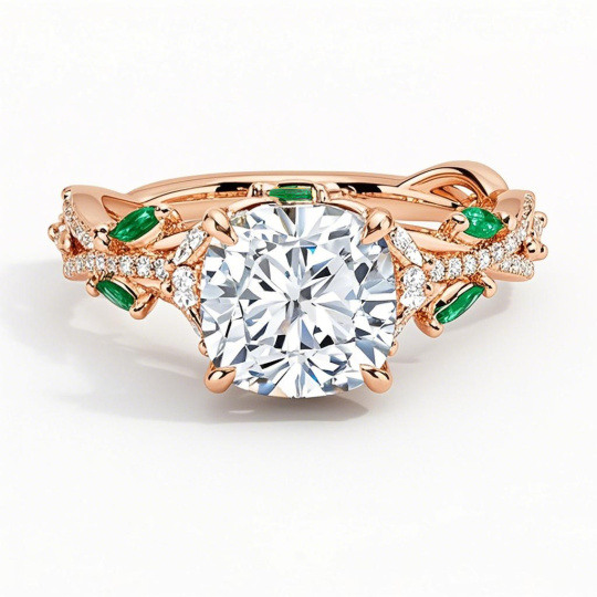 10K Rose Gold Cushion Cut Lab-Grown Diamond Custom Sidestone Nature Inspired Engagement Ring