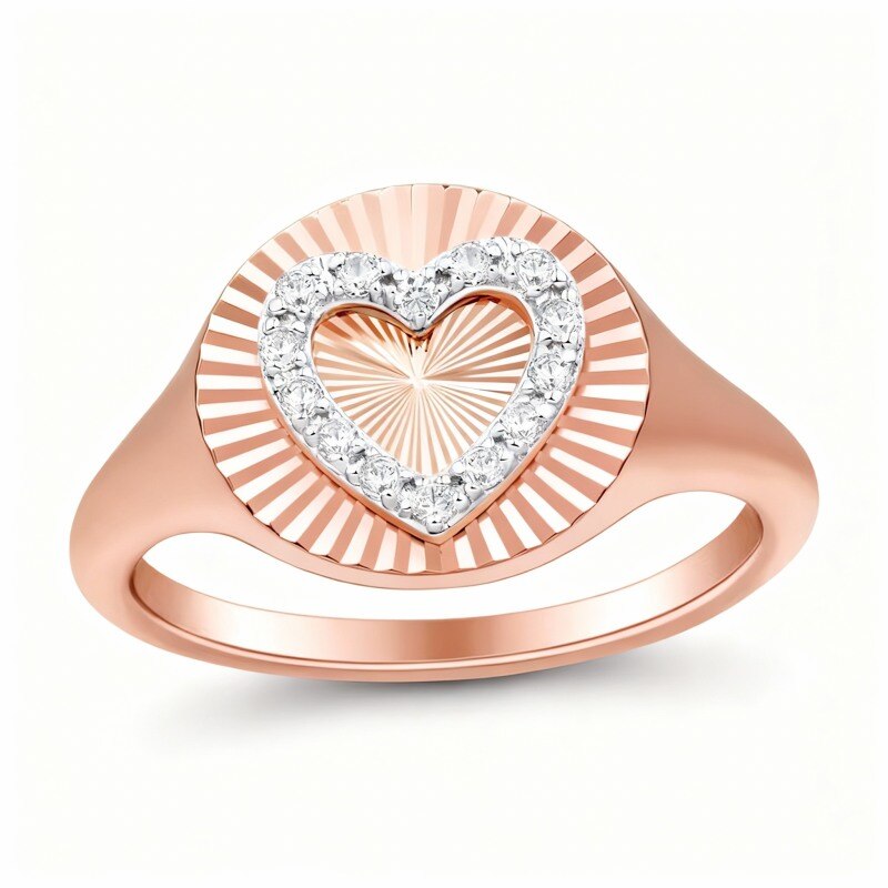 Anillo sello personalizado de oro rosa de 14 quilates con diamantes talla redonda y talla corazón de 1/10 ct, color I, claridad I2, pureza 3EX.-1