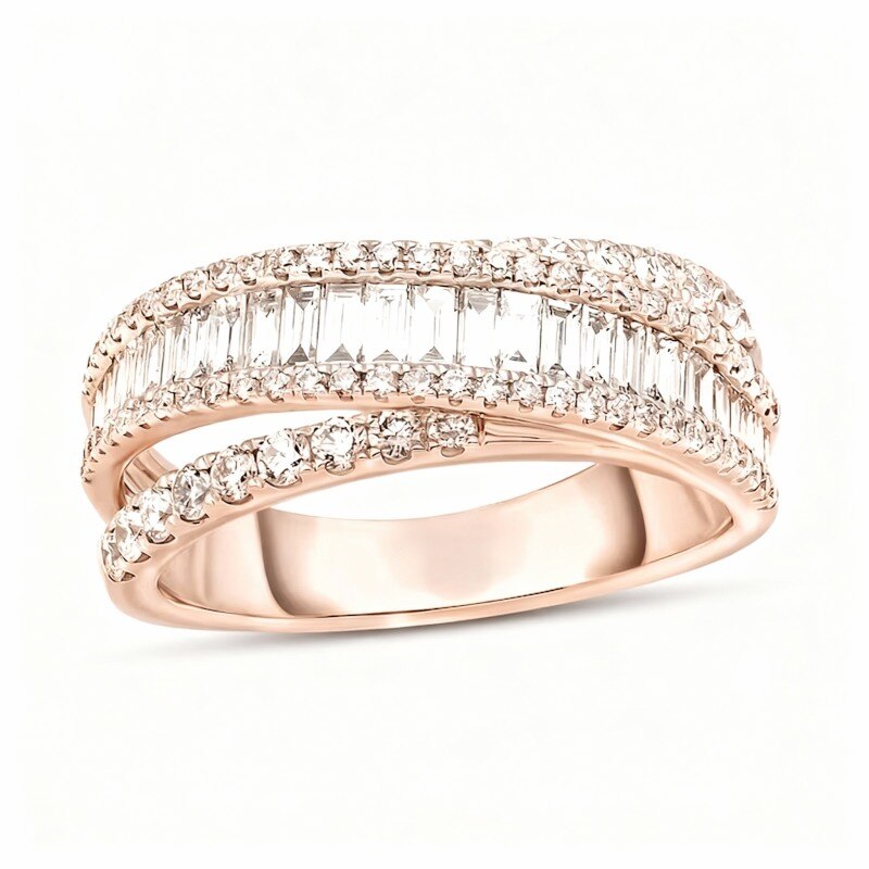 Anillo apilable personalizado de oro rosa de 10 quilates con diamantes talla redonda y baguette de 1,25 quilates, color I, claridad I2, pureza 3EX.-13