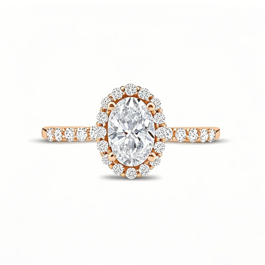 Anillo de compromiso personalizado con halo de diamantes cultivados en laboratorio de talla ovalada en oro rosa de 10 quilates
