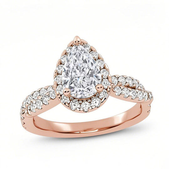 Anillo de compromiso personalizado con halo de diamantes cultivados en laboratorio, talla pera y oro rosa de 10 quilates