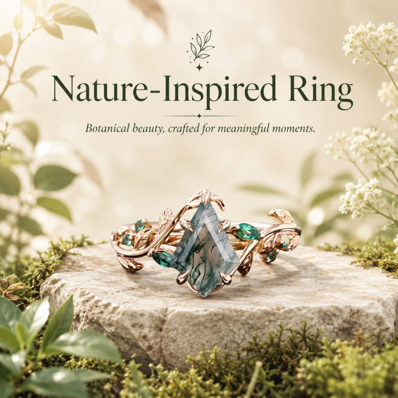 Anillo personalizado Promise Emerald Foliage de oro rosa de 10 quilates con ágata musgosa talla cometa de 1,2 quilates en total.-5