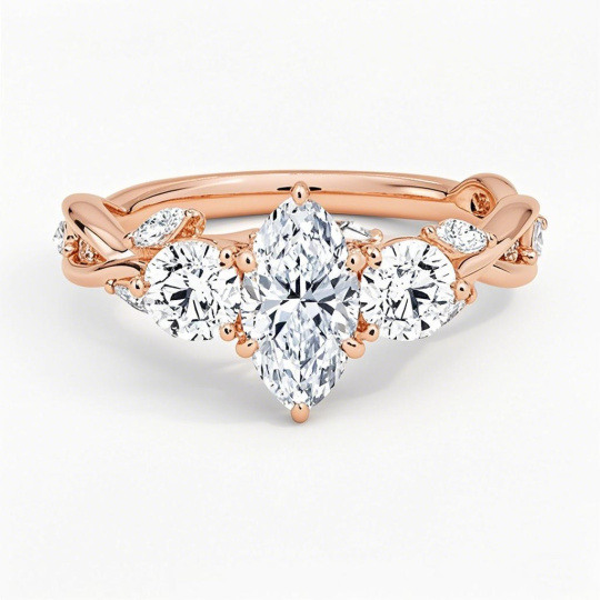 Anillo de compromiso de oro rosa de 10 quilates con diamantes de talla marquesa creados en laboratorio, de 1,3 a 3,8 quilates en total, color D, claridad VVS-VS, certificado IGI.