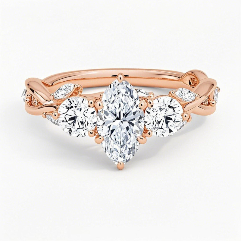 Bague de fiançailles en or rose 10 carats sertie de diamants de synthèse taille marquise (poids total : 1,3 à 3,8 carats), couleur D, pureté VVS-VS, certifiée IGI.-12
