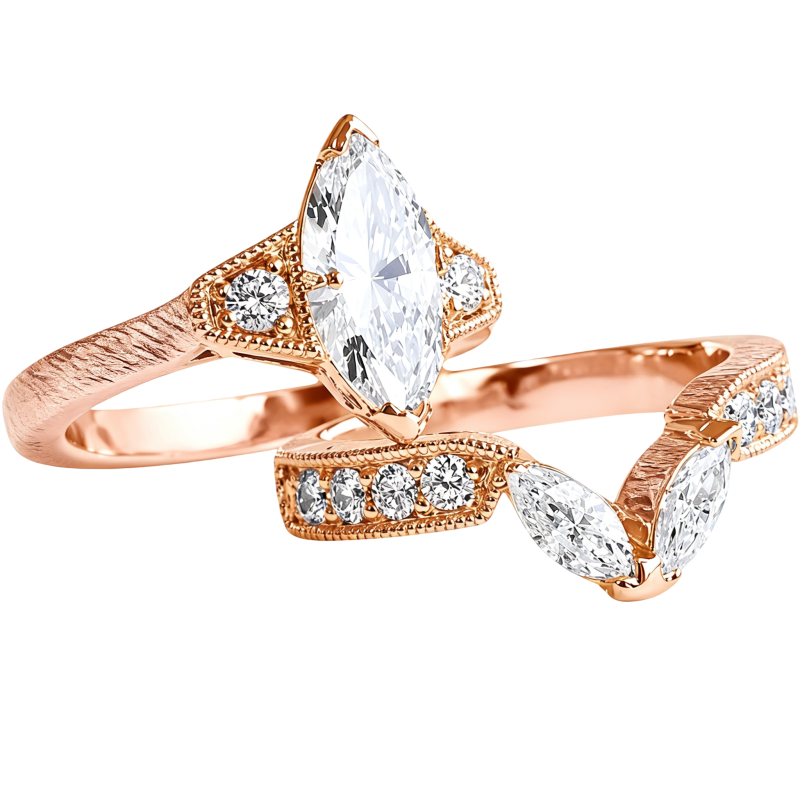 Conjunto nupcial personalizado de oro rosa de 18 quilates con diamantes cultivados en laboratorio talla marquesa de 1,5 a 3,5 quilates, color D, claridad VVS2, certificado por IGI 3EX.-1