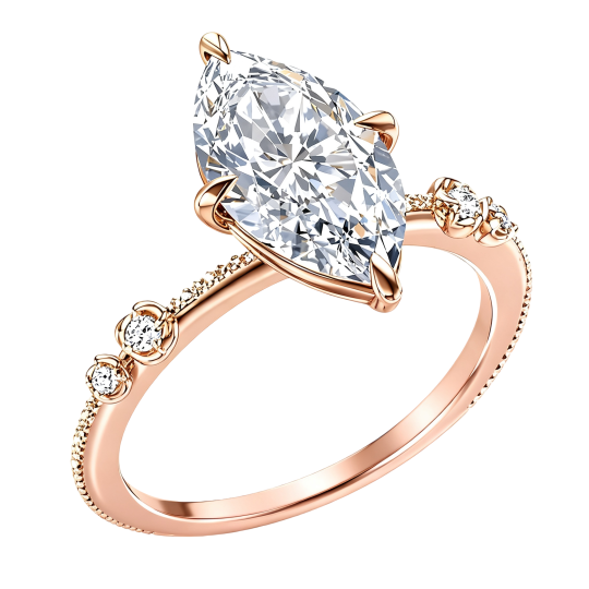 Maßgefertigter Verlobungsring aus 10-karätigem Roségold mit im Labor gezüchtetem Diamanten im Marquise-Schliff