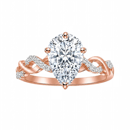 Verlobungsring aus 10-karätigem Roségold mit birnenförmigem, im Labor gezüchtetem Diamanten und individuell gestaltetem, gedrehtem Ringband