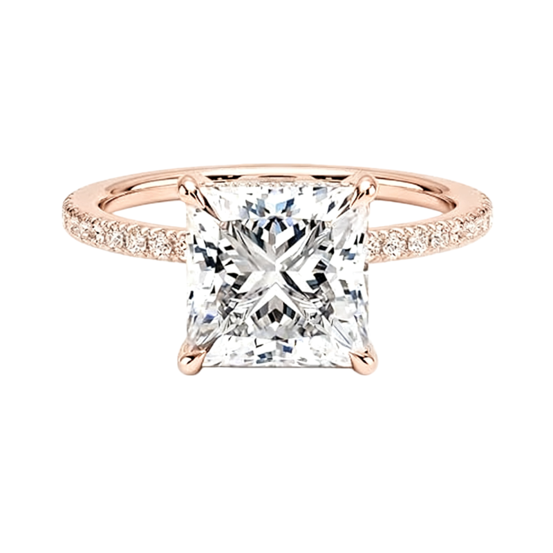 Anel de Noivado Personalizado em Ouro Rosa 10K com Diamante Sintético de Corte Princesa de 1,5 a 3,5 Quilates, Cor D, Clareza VVS2, 3EX-14