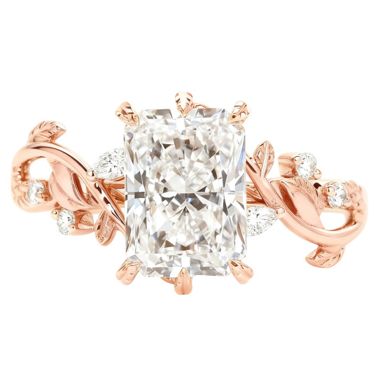 Bague de fiançailles en or rose 10 carats avec diamant de laboratoire taille radiant rectangulaire et motif de feuilles et de vigne inspiré par la nature.
