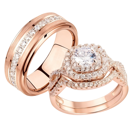 Anillos de pareja personalizados de oro rosa de 10 quilates con diamantes redondos cultivados en laboratorio de 1,5 quilates en total.