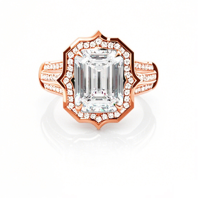 Anel de Noivado Personalizado com Halo em Ouro Rosa de 14 quilates com Diamante de 1 Quilate em Corte Esmeralda Cultivado em Laboratório-1