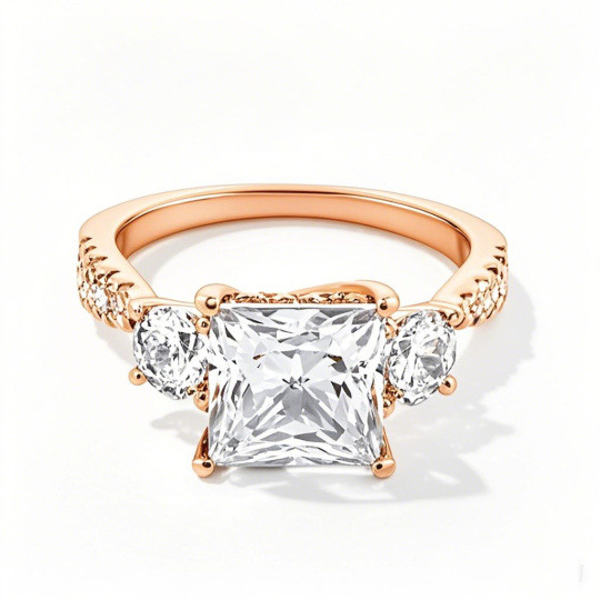 Anillo de compromiso de oro rosa de 10 quilates con tres piedras, diamantes de talla princesa creados en laboratorio, de 1,5 a 4 quilates en total, calidad D, VVS1, certificado por IGI.