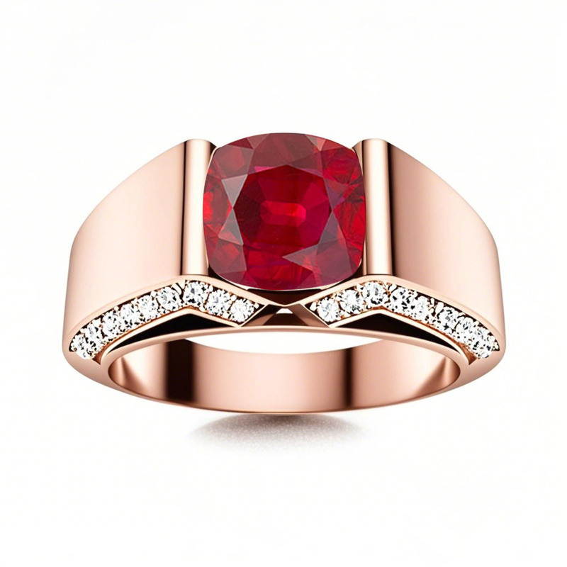 Anillo de compromiso y aniversario para hombre, oro rosa de 10 quilates, con rubí talla princesa de 1,5 a 5,5 quilates en total.-5