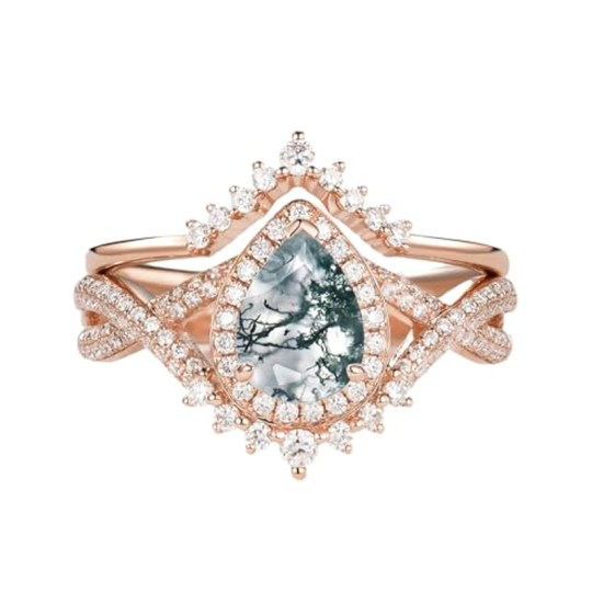 10K Rose Gold Pear Cut Moss Agate & Moissanite Agate Bridal Set