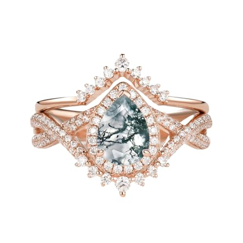 Ensemble de mariage en or rose 10 carats et agate mousse taille poire, moissanite-7