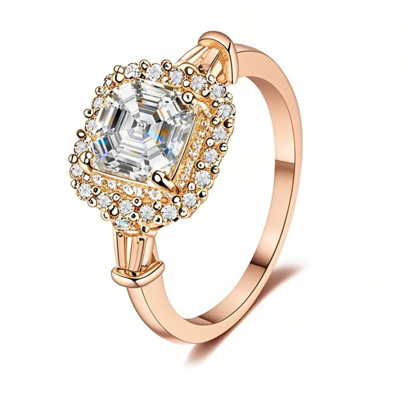 Bague de fiançailles en or rose 10 carats avec halo de moissanite taille princesse-5