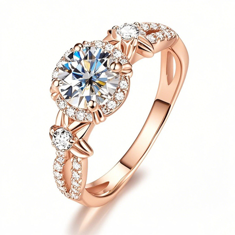 Bague de fiançailles halo en or rose 10 carats avec moissanite taille ronde et anneau fendu-1