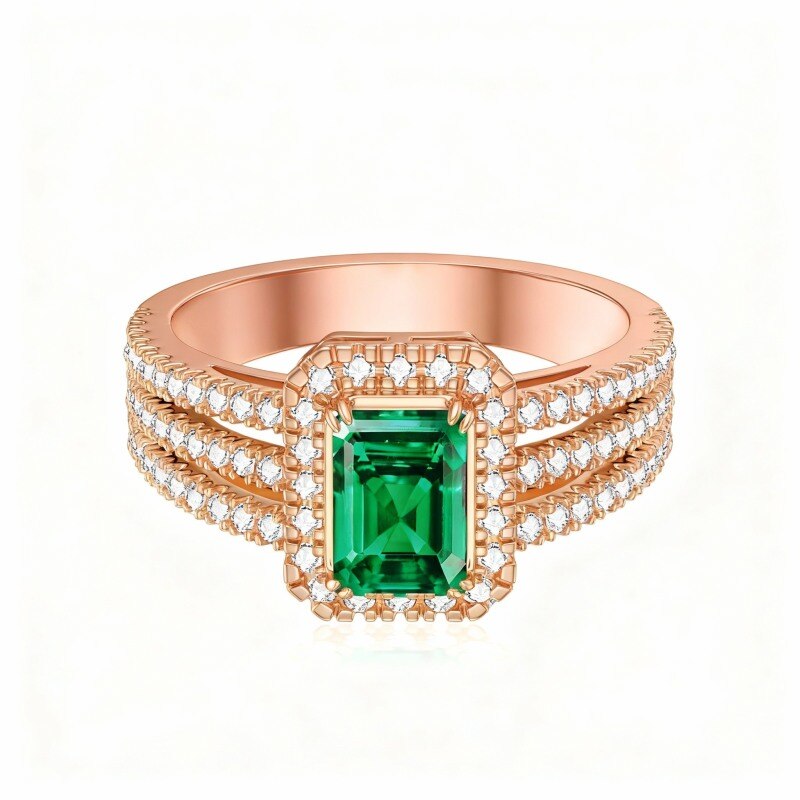 Maßgefertigter Ehering aus 10-karätigem Roségold mit Diamanten und Smaragden im Prinzess-Quadratschliff-6