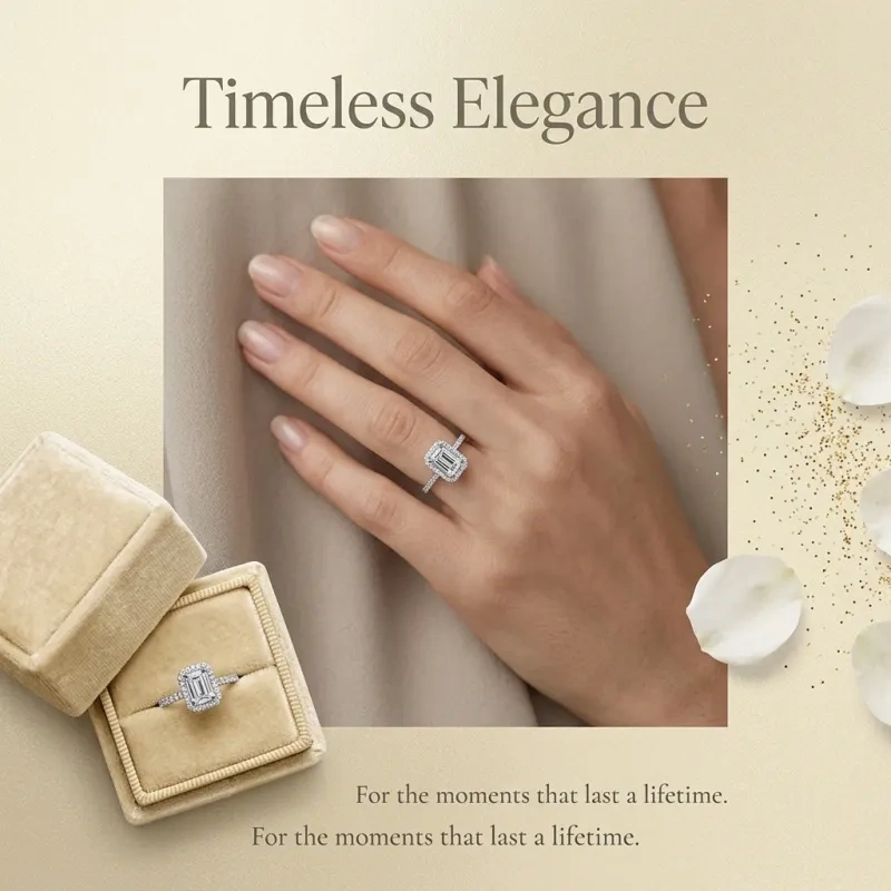 10K Rose Gold 1 CT Emerald Cut Moissanite Halo Sidestone Engagement Ring-5