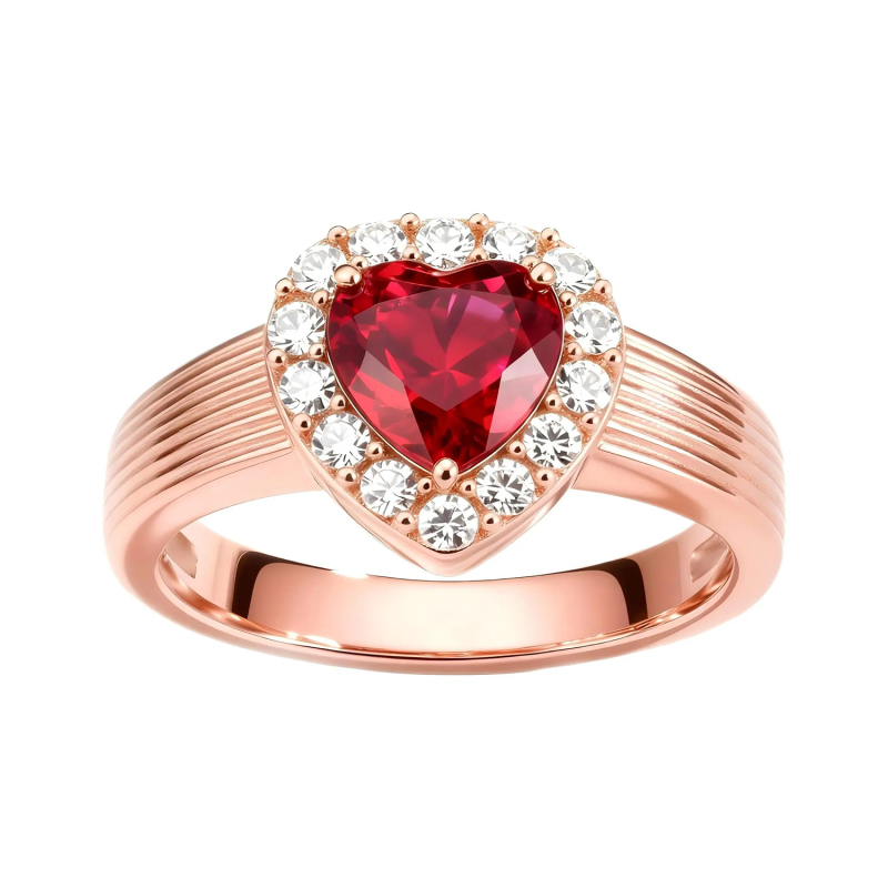 Verlobungsring aus 10-karätigem Roségold mit 1 Karat herzförmigem Rubin und individuellem Halo-Fassung-14