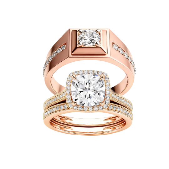Anillos de pareja personalizados de oro rosa de 10 quilates con diamantes cultivados en laboratorio de talla redonda y talla cojín.