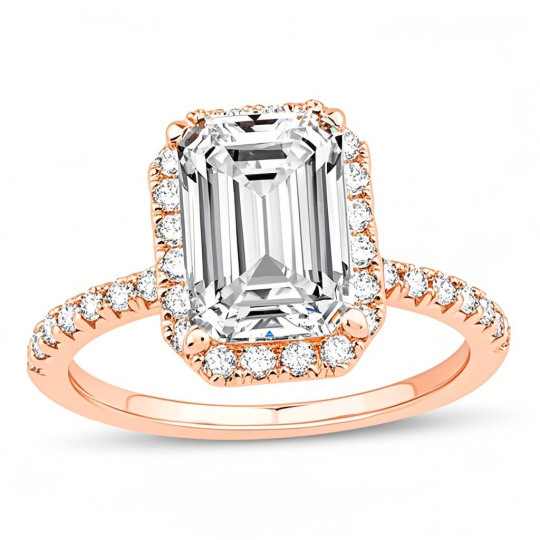 Bague de fiançailles en or rose 10 carats, sertie de diamants de laboratoire (émeraudes de 1 à 3,5 carats au total), gravure sur monture, certifiée IGI.