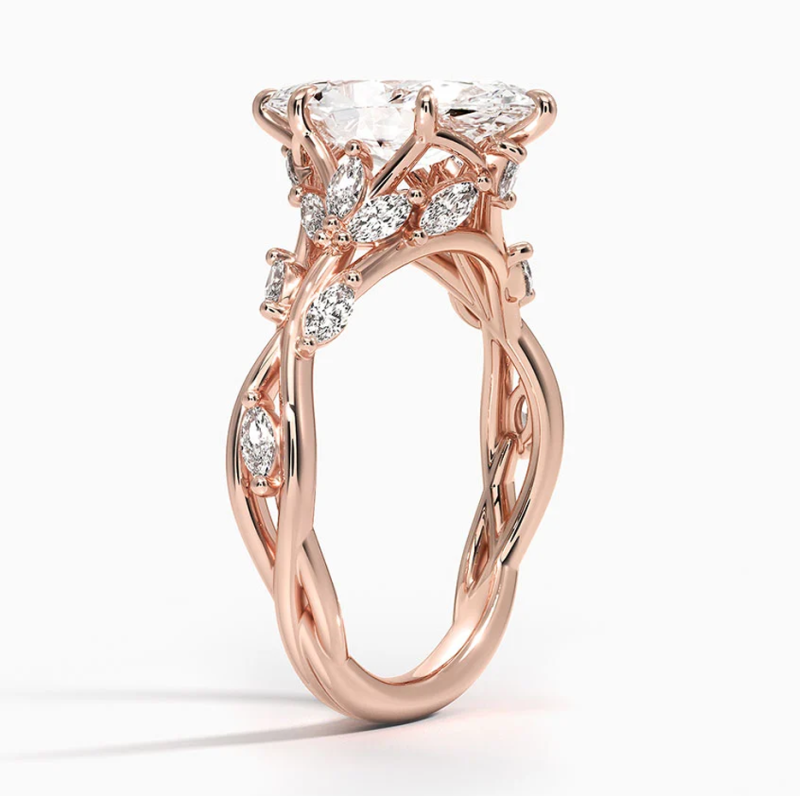 Verlobungsring aus 18-karätigem Roségold mit 1 bis 3 Karat im Marquise-Schliff geschliffenem, im Labor gezüchtetem Diamanten und individuellem Blättermotiv, inspiriert von der Natur-3