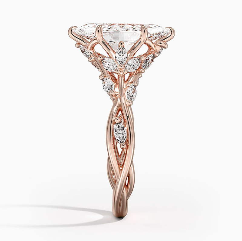 Verlobungsring aus 18-karätigem Roségold mit 1 bis 3 Karat im Marquise-Schliff geschliffenem, im Labor gezüchtetem Diamanten und individuellem Blättermotiv, inspiriert von der Natur-4