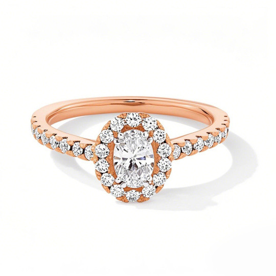 Anillo de compromiso personalizado de oro rosa de 10 quilates con diamante cultivado en laboratorio de talla ovalada