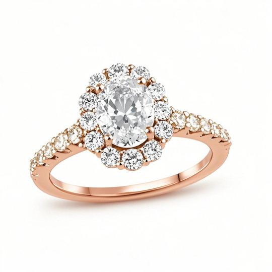 Anillo de compromiso personalizado con halo de diamantes cultivados en laboratorio de talla ovalada en oro rosa de 10 quilates