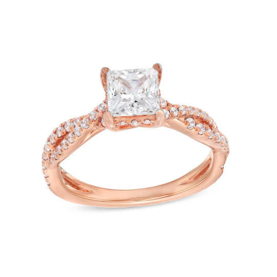 Anillo de compromiso personalizado en oro rosa de 10 quilates con diamante de talla princesa creado en laboratorio, de 1 a 3,5 quilates en total, color D, grado de pureza 3EX y certificado IGI.