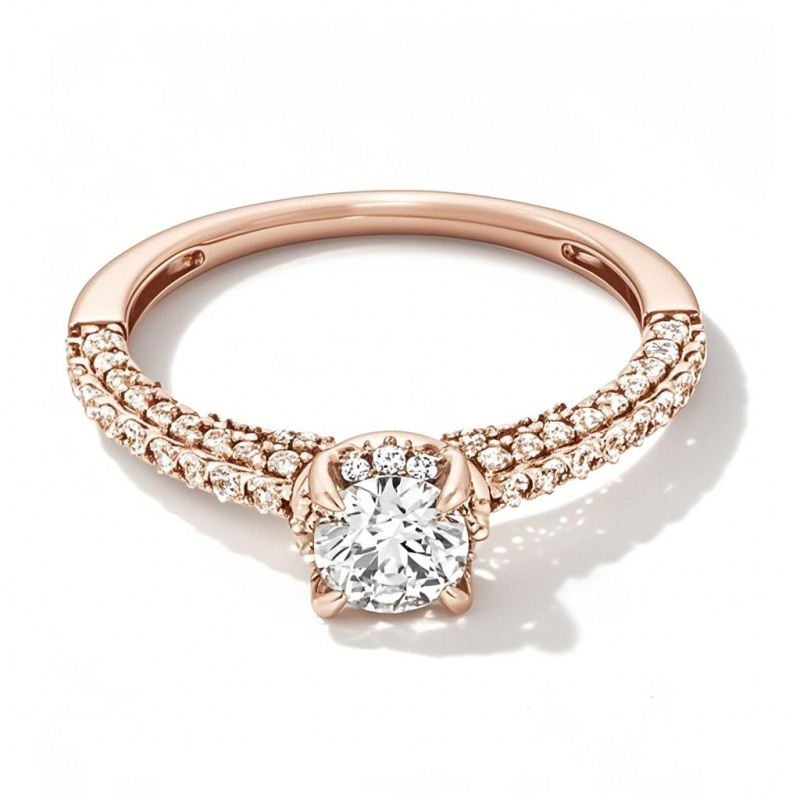 10K Rose Gold Round Cut Lab-Grown Diamond Custom Halo Sidestone Engagement Ring-10