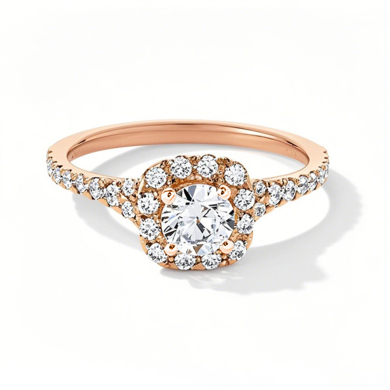 Verlobungsring aus 10-karätigem Roségold mit rundem, im Labor gezüchtetem Diamanten und individuellem Halo-Fassung-20