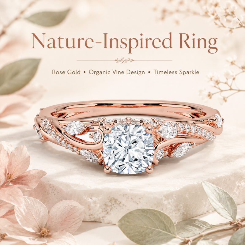 Verlobungsring aus 10-karätigem Roségold mit 1 bis 3 Karat kissenförmigem, im Labor gezüchtetem Diamanten – individuell gestaltet und von natürlichen Materialien inspiriert-5