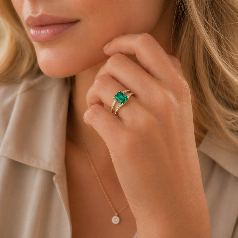 Cette exquise bague de fiançailles en or blanc 10K incarne une élégance intemporelle, avec une pierre centrale en forme d'émeraude brillante qui irradie sophistication et charme, parfaite pour la femme moderne qui valorise à la fois le luxe et l'artisanat.-2