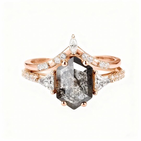 10-K-Rosengold-Brautset mit 1 bis 6 CT hexagonalem Schliff aus Moissanit und Quarz