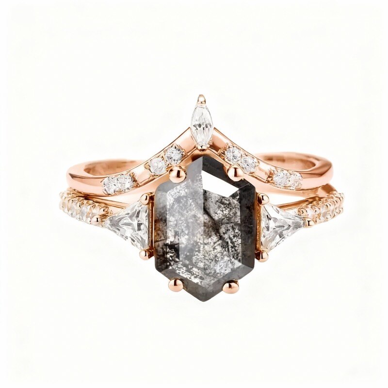 10K Rose Gold 1 to 6 CT Hexagon Cut Moissanite & Quartz Bridal Set-2