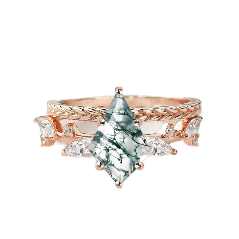 Verlobungsring aus Sterlingsilber mit roségoldplattiertem, rautenförmigem Blattschliff und Moosachat-12