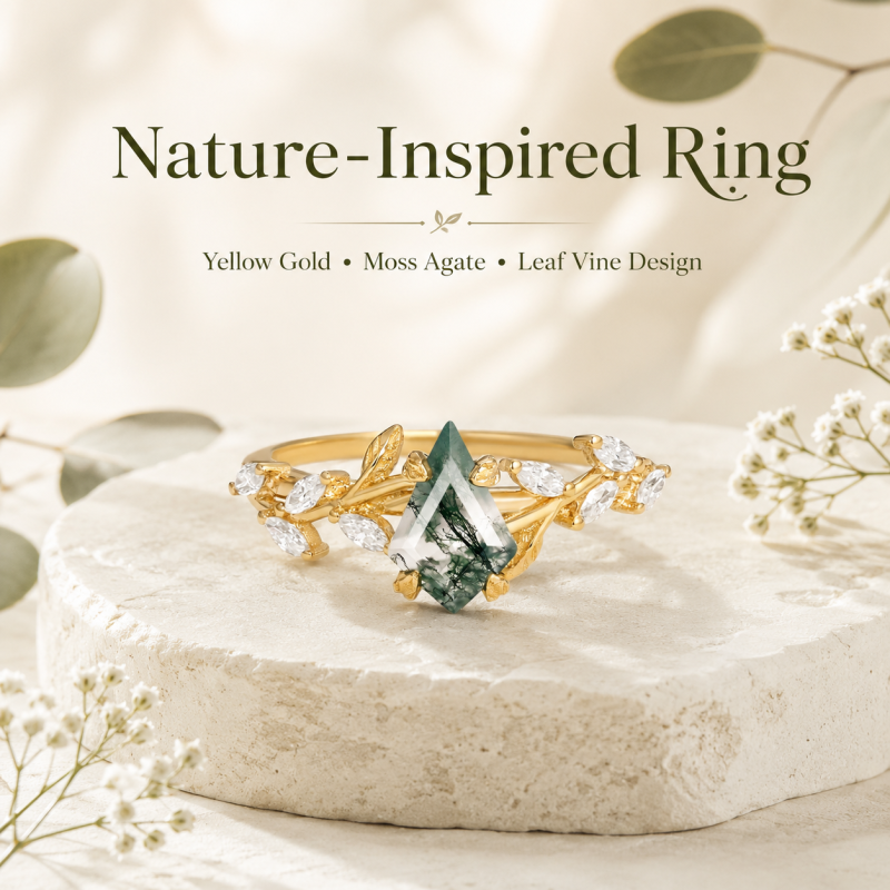 10K Rose Gold 1 to 6 CT Kite Cut Moss Agate Leave Natural Inspired Engagement Ring-6