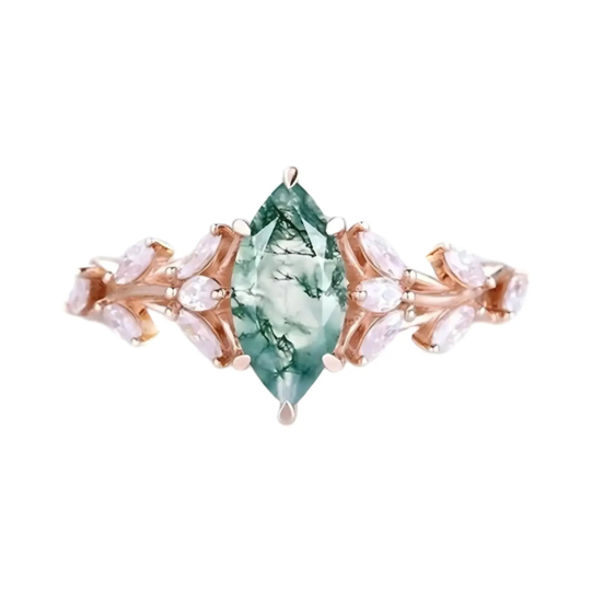 Anillo de compromiso de oro rosa de 10 quilates con ágata musgosa talla marquesa de 1 a 6 quilates y diseño de flores silvestres de inspiración natural.