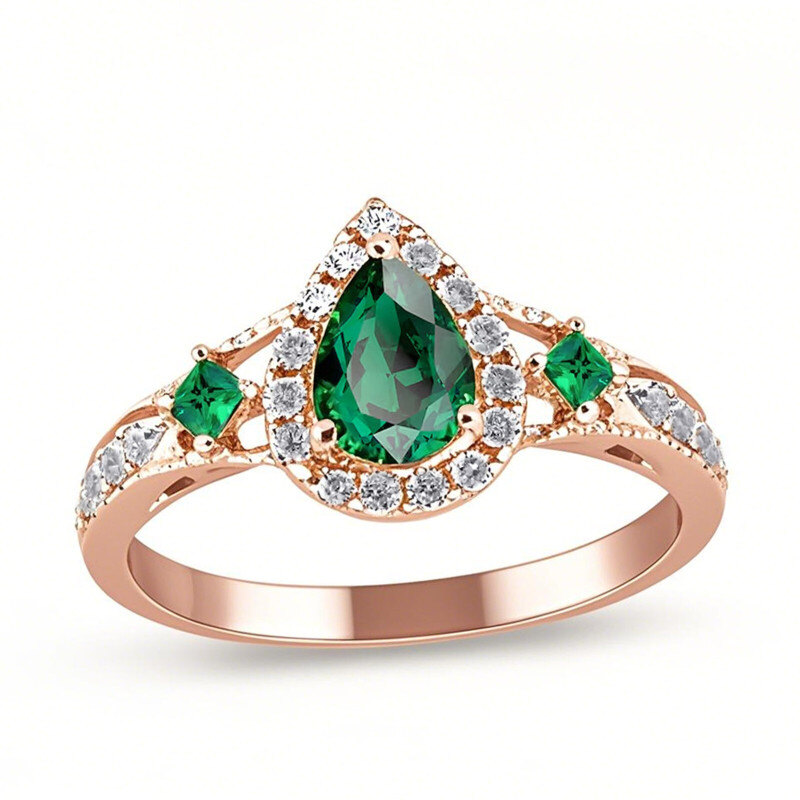 Anillo de compromiso personalizado con esmeralda cultivada en laboratorio, corte pera, de oro rosa de 10 quilates, de 1 a 6 CT-6
