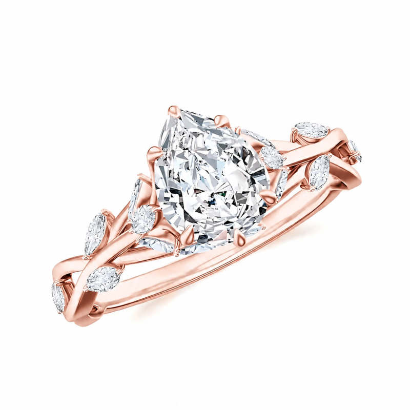 Bague de fiançailles personnalisée en or rose 10 carats avec moissanite taille poire de 1 à 6 carats, inspirée par la nature.-1